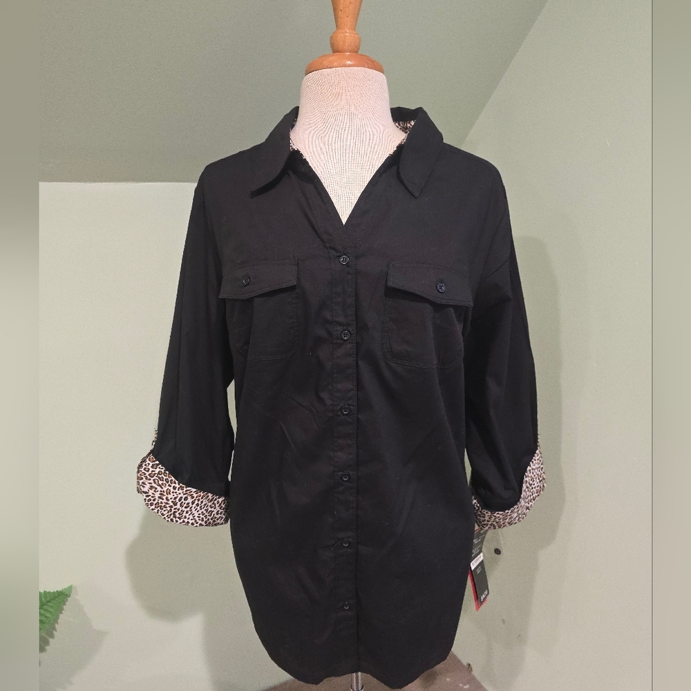 Rebecca Malone Black Blouse with Leopard Accents